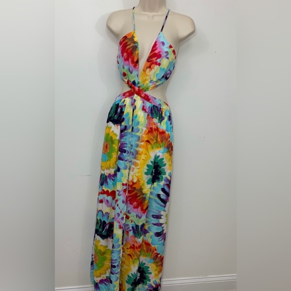 WOMENS NEW LARGE FLORAL PRINT CUT OUT TOP SIDES MAXI DRESS